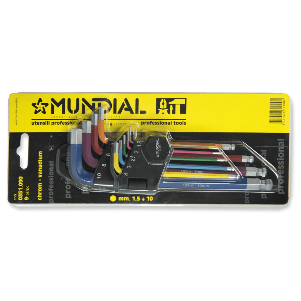 Serie 9 chiavi esagonali lunghe estremità sferica Colorate Mundial